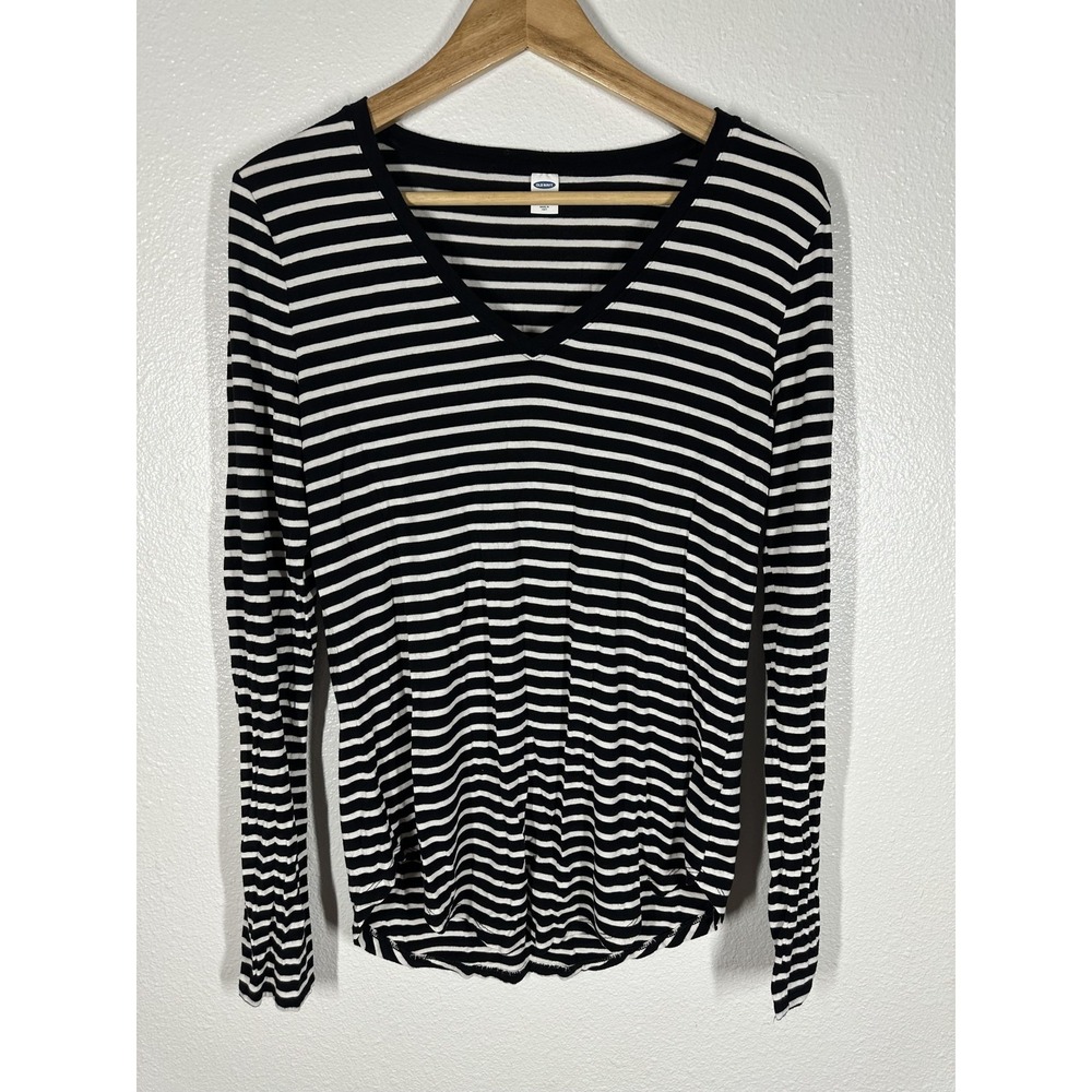 Old Navy Shirt Womens Medium Black White Striped Luxe V Neck Long Sleeve‎